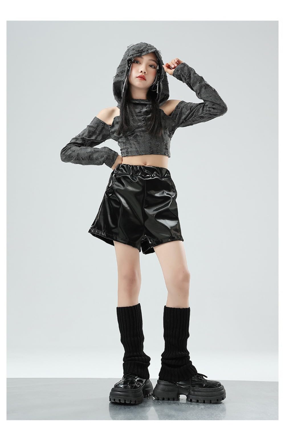 Amazon.co.jp: グレー トップス ブラック レザーパンツ キッズ ダンス